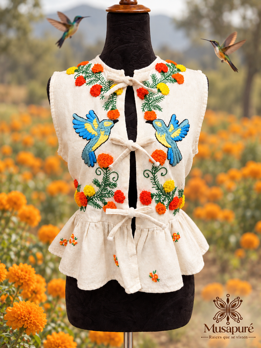 Blusa Apatsïkua la Tzintzuni “Cempasúchil y Colibrí”