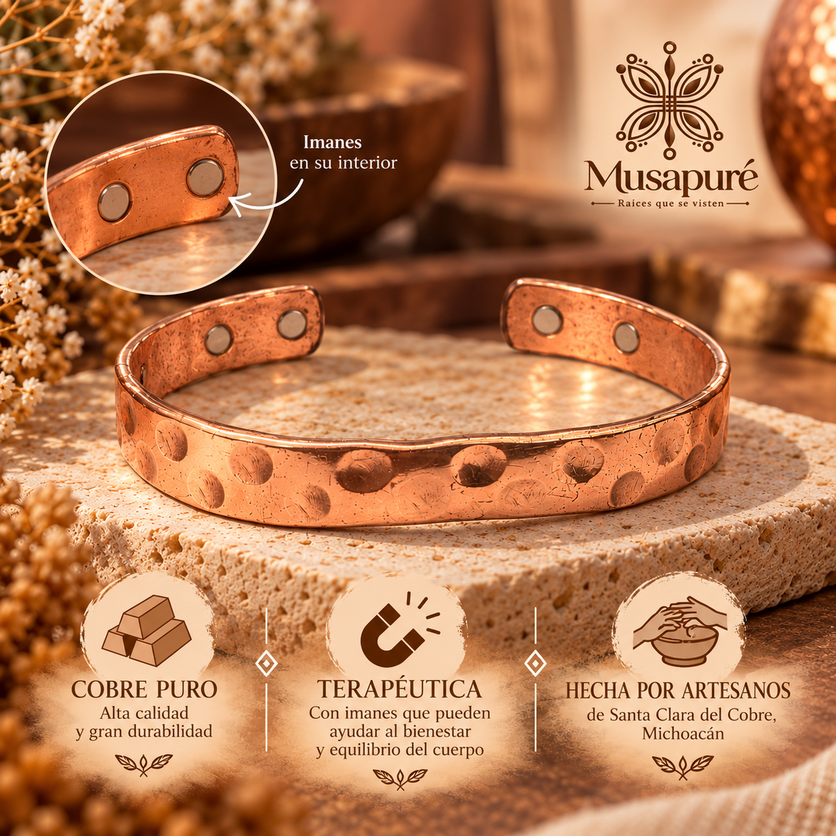 Pulsera magnética de Cobre martillado