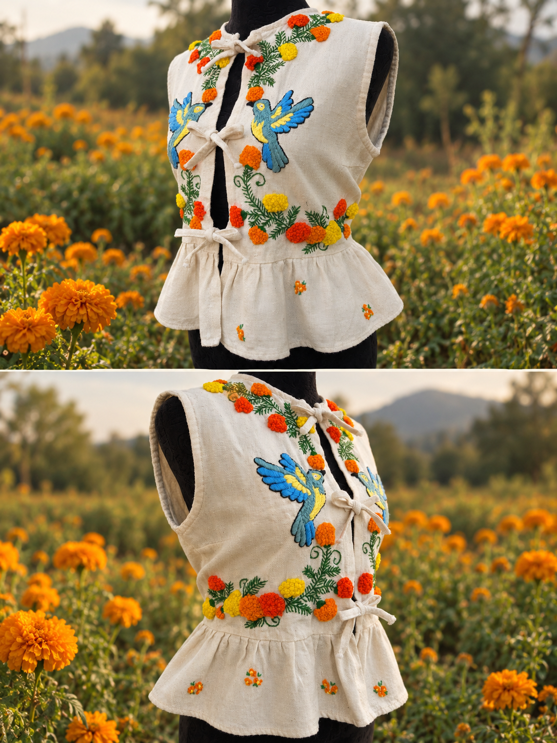Blusa Apatsïkua la Tzintzuni “Cempasúchil y Colibrí”