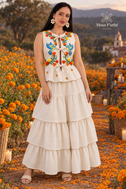 Blusa Apatsïkua la Tzintzuni “Cempasúchil y Colibrí”